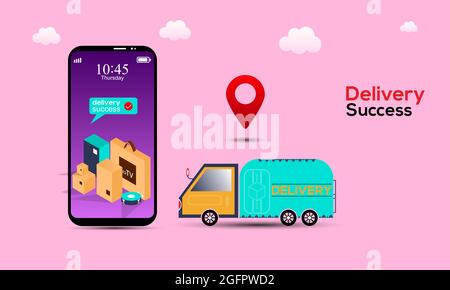 Online shopping on website or mobile application illustration. delivery truck, map tracking, shopping search or order success concept Stock Vector