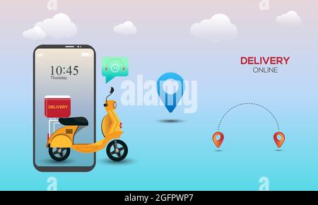 Online delivery service by scooter on mobile phone. E-commerce success, location tracking point, food box. Delivery concept Stock Vector
