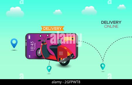 Online delivery service by scooter on mobile phone. E-commerce success, location tracking point, food box. Delivery concept Stock Vector