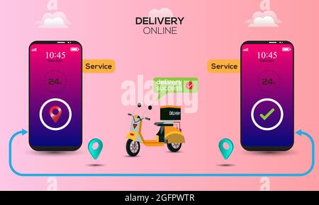 Fast online delivery package by scooter on mobile phone. Lighting of E-commerce success, location tracking. 24/7 customer service concept Stock Vector