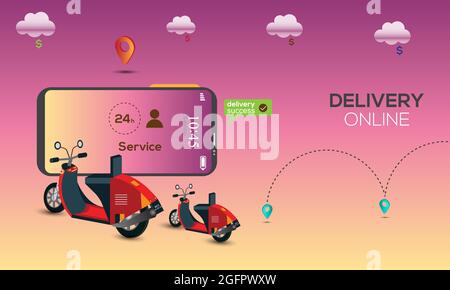 Online delivery service by scooter on mobile phone. E-commerce success, location tracking point, food box. Delivery concept Stock Vector