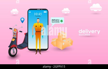 Fast online delivery package by scooter on smartphone. Delivery boy ready to delivered order. Order delivery success concept vector illustration Stock Vector