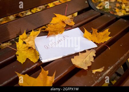 notepad with inscription autumn lies in park bench in autumn leaves in sun shining, angle view Stock Photo