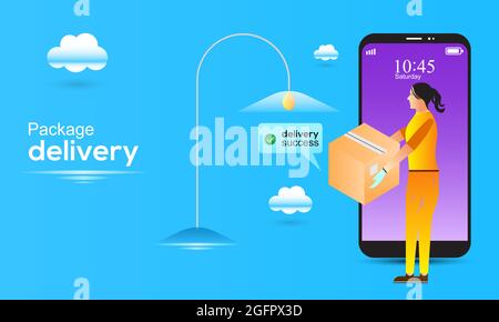 Delivery package on smartphone. Delivery women ready to send a delivery box. Lighting of E-commerce success Stock Vector