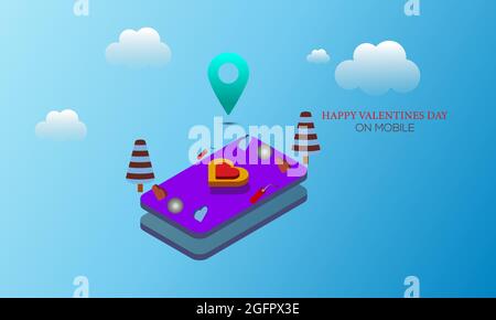 Valentines day concept of online store in mobile phone. location map tracking, gift box, smartphone valentine vector illustration Stock Vector