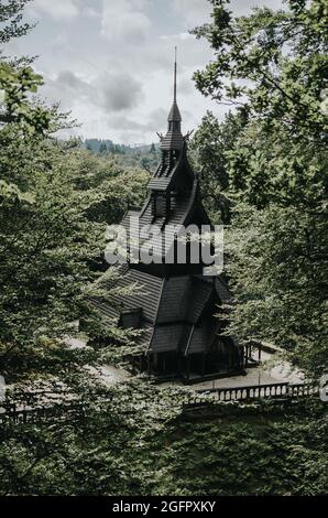 Beautiful architectural details of the Fantoft Stave Church in Bergen, Norway Stock Photo