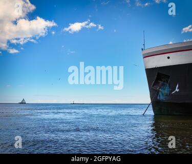 Seagulls and the bow of a ship, a typical Manitowoc, Wisconsin seascape. Stock Photo