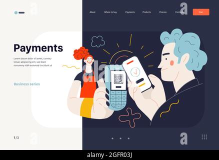 Business topics -payment, web template, header. Flat style modern outlined vector concept illustration. Waitress holding pos-terminal. A customer payi Stock Vector