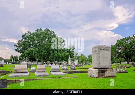 Magnolia Cemetery features ornate graves surrounded by centuries-old Southern live oak trees, Aug. 14, 2021, in Mobile, Alabama. Stock Photo