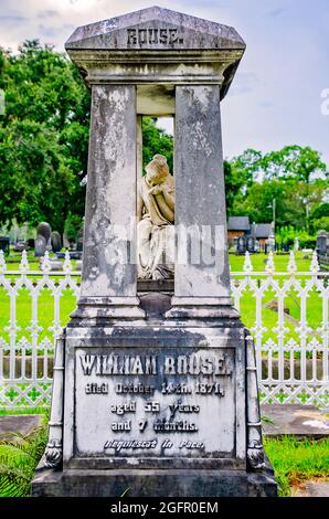 The Rouse family grave features a Neoclassical monument with a robed woman in mourning at Magnolia Cemetery, Aug. 14, 2021, in Mobile, Alabama. Stock Photo