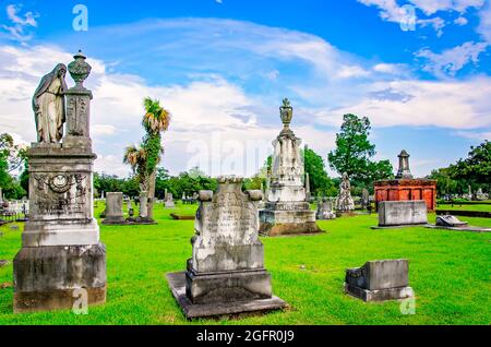 Magnolia Cemetery features ornate graves surrounded by centuries-old Southern live oak trees, Aug. 14, 2021, in Mobile, Alabama. Stock Photo