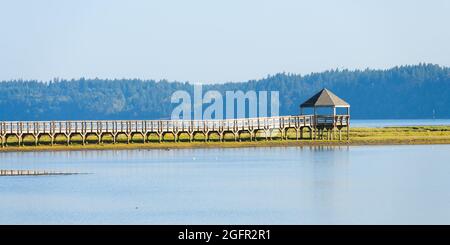 Olympia, WA, USA - August 23, 2021; The viewing platform and boardwalk at the Billy J Frank Nisqually National Wildlife Refuge on Puget Sound Stock Photo