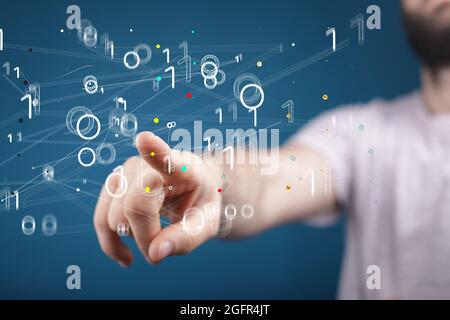 Person presenting the virtual projection of the cyberspace Stock Photo