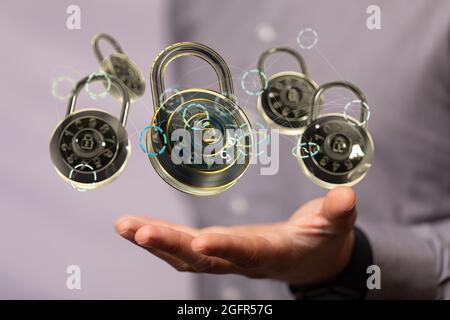 Person presenting the virtual projection of cybersecurity Stock Photo