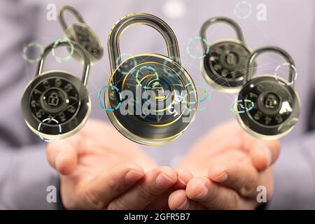 Person presenting the virtual projection of cybersecurity Stock Photo