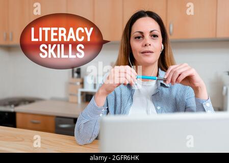 Writing displaying text Literacy Skills. Business overview all knowledge and skills need to evaluate information Abstract Working At Home Ideas Stock Photo