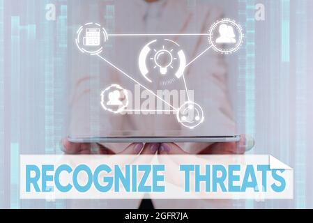 Conceptual display Recognize Threats. Word for potential to cause serious harm to a computer system Lady In Uniform Touching And Using Futuristic Stock Photo