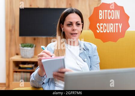 Sign displaying Bitcoin Security. Word Written on funds are locked in a public key cryptography system Watching Online Lessons, Reading Internet Blogs Stock Photo