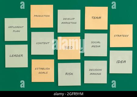 Colored sticky notes on green background. Business concept, strategy, planning Stock Photo