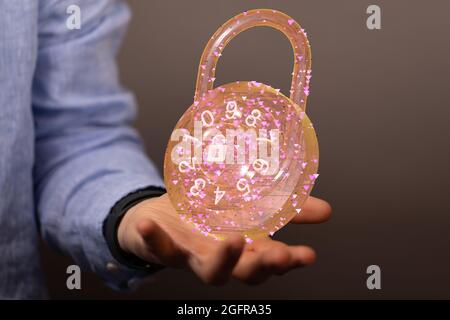 Person presenting the virtual projection of cybersecurity Stock Photo