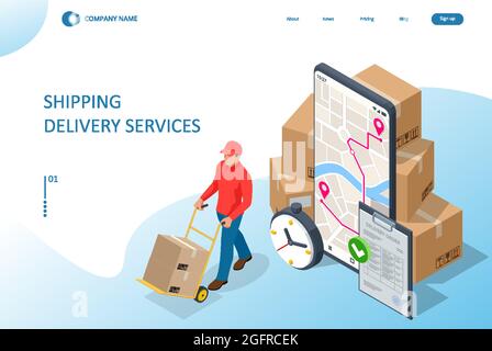 Isometric Logistics and Delivery concept. Delivery home and office. City logistics. Smart technology concept with global logistics partnership Stock Vector