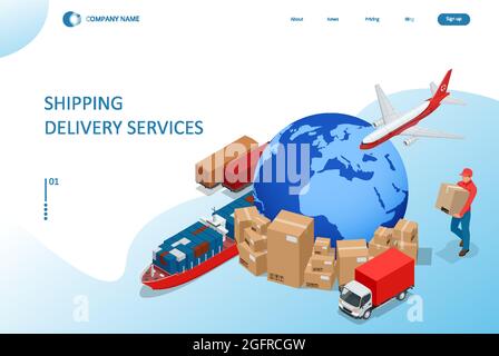 Isometric Logistics and Delivery concept. Delivery home and office. City logistics. Smart technology concept with global logistics partnership Stock Vector