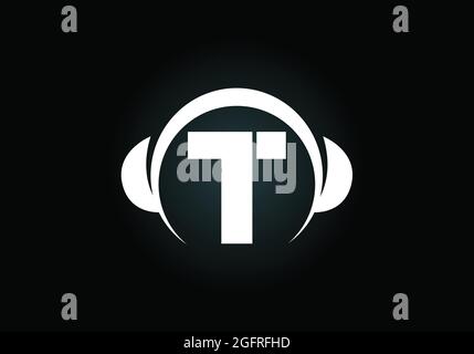 Initial T monogram alphabet with a headphone. Headphone Logo. Music sign symbol. Font emblem. Design element for poster, banner, t-shirt Stock Vector