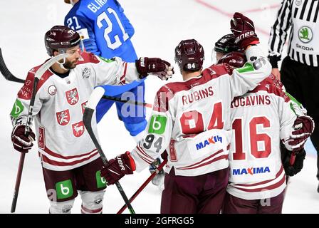 Riga, Latvia. 26th Aug, 2021. Latvia's Miks Indrasis (front) vies with ...