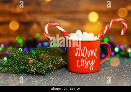 Cup of hot chocolate with marshmallows on a bokeh background. Stock Photo