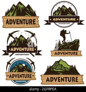 Set of Camping Logos, Templates, Vector Design Elements, Outdoor Adventure Mountains and Forest Expeditions. Vintage Emblems and Badges Retro Illustra Stock Vector