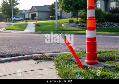 Directional underground boring to install plastic conduit for high speed fiber internet utilities Stock Photo