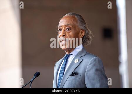 NEW YORK, NY - AUGUST 26: Rev. Al Sharpton, founder and President of National Action Network, speaks at a press conference announcing State Senator Brian Benjamin as Lt. Governor on August 26, 2021 in New York City. Senator Benjamin, who placed fourth in the Democratic primary for city comptroller earlier this year, will replace Hochul who was sworn in as Governor this week after the resignation of former Gov. Andrew Cuomo. Senator Benjamin has been a lead sponsor and advocate for criminal and police reforms that includes the Eric Garner Anti-Chokehold Act and the Less is More Act, which restr Stock Photo