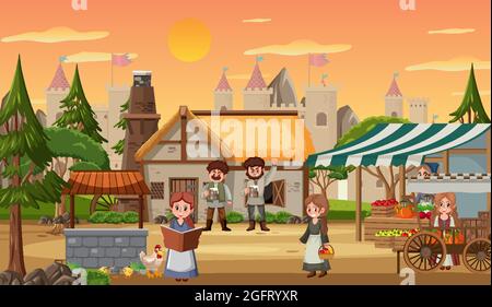 Medieval town at sunset time scene with villagers illustration Stock ...