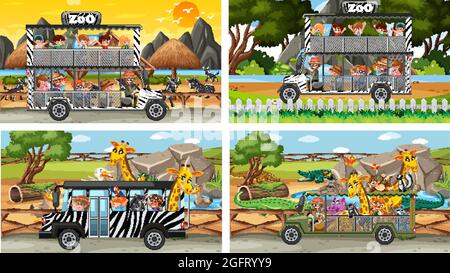 Set of different safari scenes with animals and kids cartoon character illustration Stock Vector