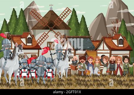 Medieval town scene with villagers illustration Stock Vector Image ...