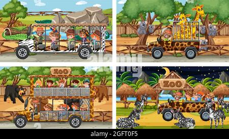 Set of different safari scenes with animals and kids cartoon character illustration Stock Vector