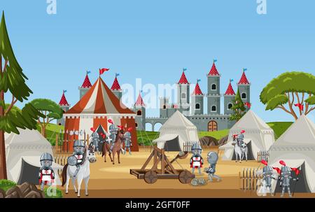 Military medieval camp with tents and weapons illustration Stock Vector ...