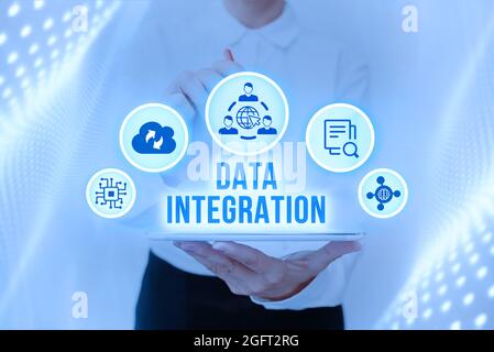 Sign displaying Data Integration. Business concept involves combining data residing in different sources Lady In Uniform Standing Holding Tablet Stock Photo