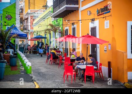 Colorful restaurant row in downtown San Juan - Puerto Rico Stock Photo