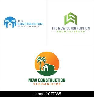 Construction home building with tree palm icon logo design  Stock Vector