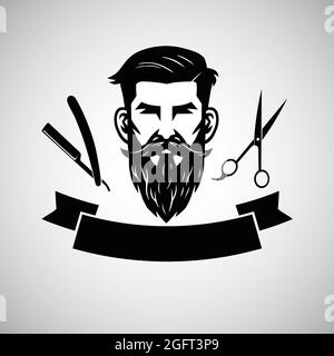 Barbershop Logo Template with Hipster Head and Scissors. Vector Illustration Stock Vector