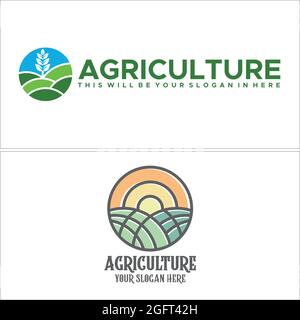 Agriculture with leaf plant and land field icon line vector logo design  Stock Vector