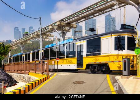 BUSAN, KOREA, SOUTH - May 28, 2021: A closeup shot of the Haeundae Blue Line train in Busan in South Korea. Stock Photo