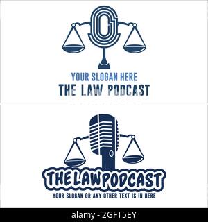 Blue microphone and scale balance icon podcast law attorney logo design Stock Vector