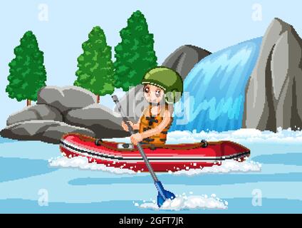 A man rafting in the river scene illustration Stock Vector
