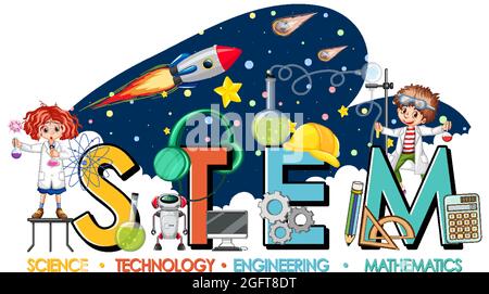 STEM education logo with scientist kids in galaxy theme illustration Stock Vector