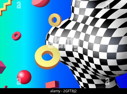 Abstract background with flying colorful 3D geometric shapes over vibrant gradient backdrop. Abstraction with checkered shape in 90s style. Stock Vector