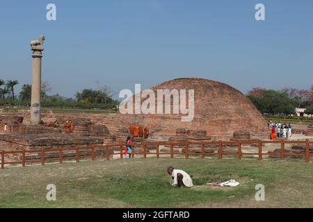 Ashoka Pillar, Emperor Ashoka built The Lion Pillar at Kolhua. It is made of a highly polished single piece of red sandstone. Stock Photo