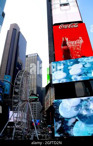 A limited-time Ferris Wheel opens in Times Square offering tourists and residents a new view of the city in New York City, NY, USA on Wednesday, August 25, 2021. The 110-foot-tall ride is in operation from Aug. 25 to Sept. 12. Photo by Charles Guerin/ABACAPRESS.COM Stock Photo