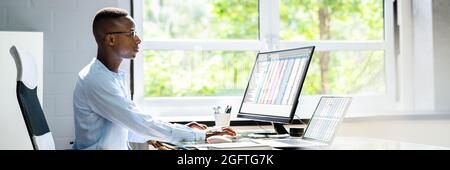African American Office Employee Auditor Using Spreadsheet Stock Photo
